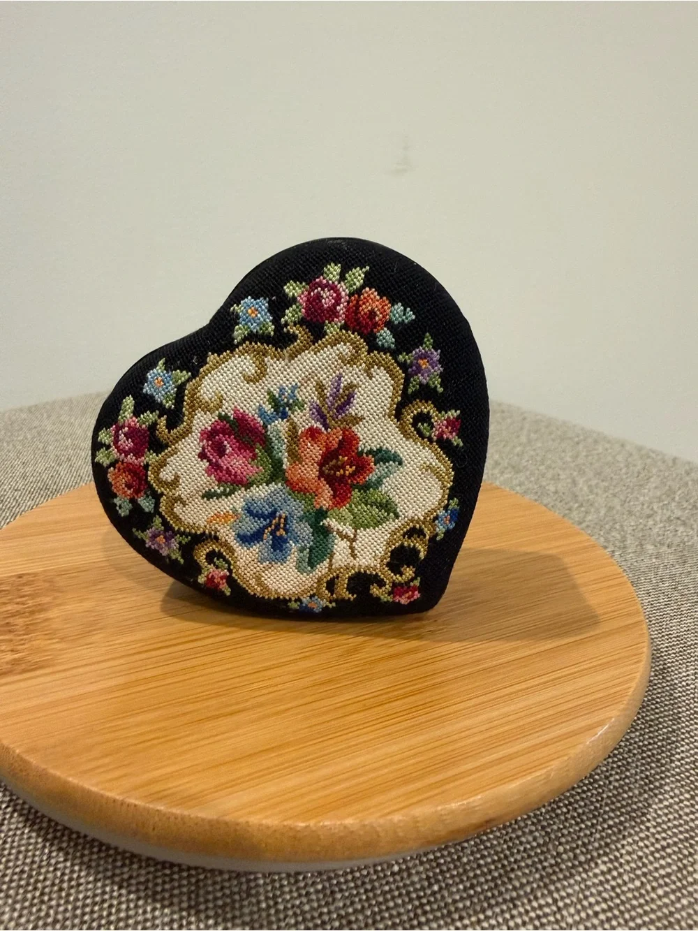 Heart-Shaped Floral Needlepoint Box - Black with Multicolor Embroidery